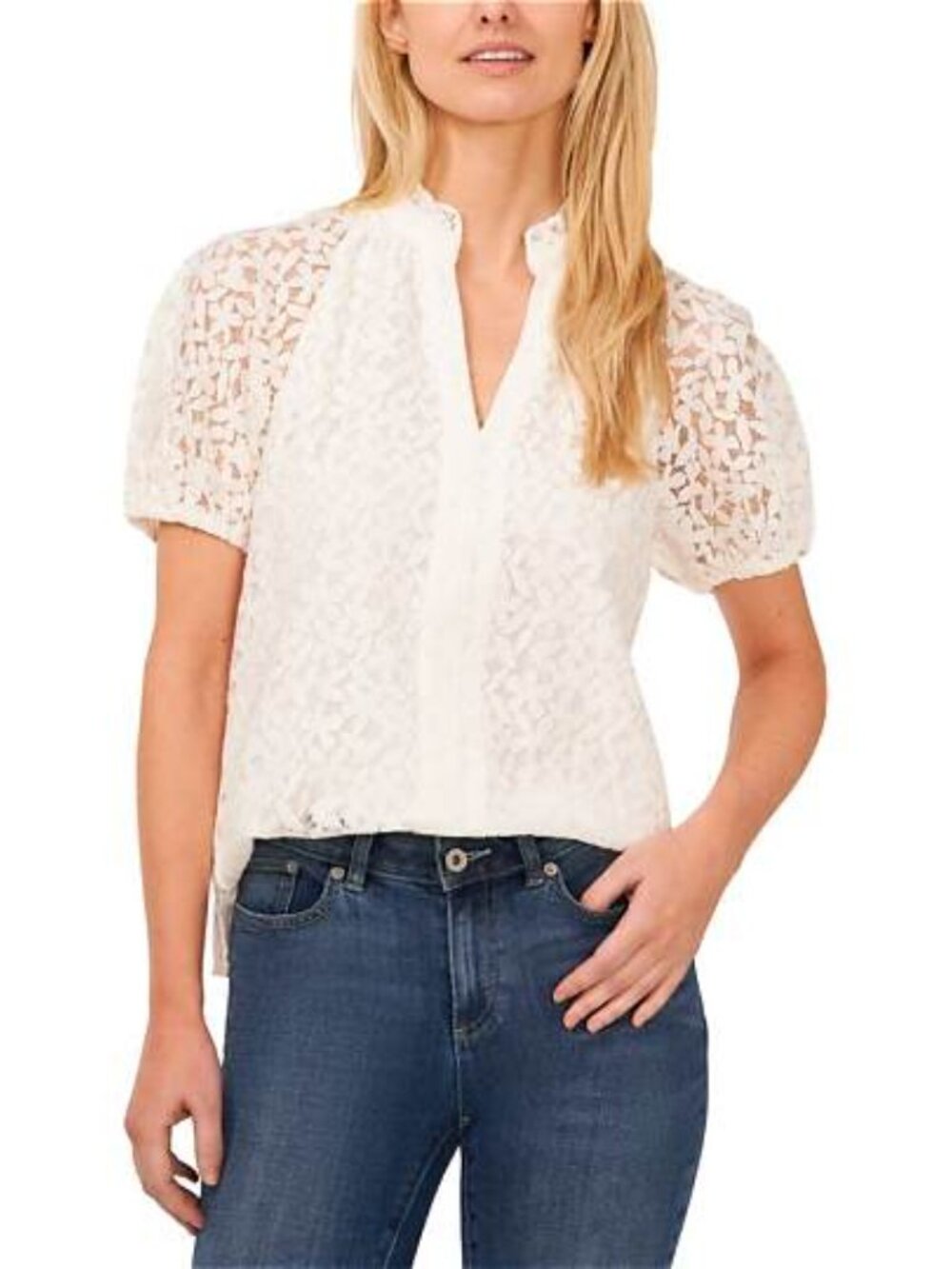 CeCe Women's Floral Lace Puff Sleeve Split Neck Top Size: XL Feminine Romantic